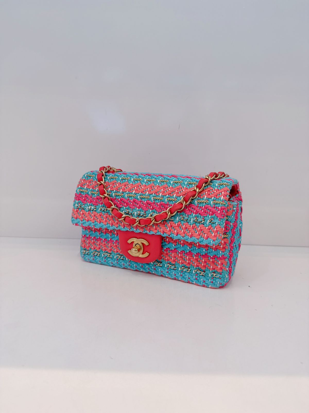 CHANEL RED FUCHSIA BLUE COTTON MIXED FIBERS WOVEN CLASSIC MINI RECTANGULAR FLAP