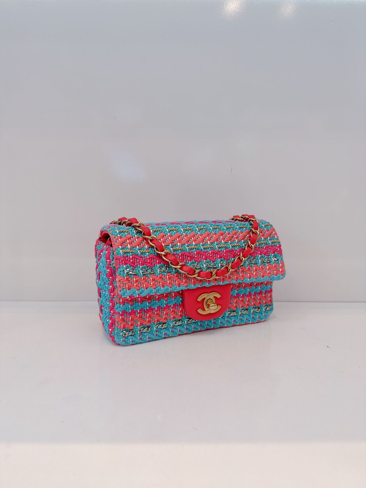CHANEL RED FUCHSIA BLUE COTTON MIXED FIBERS WOVEN CLASSIC MINI RECTANGULAR FLAP