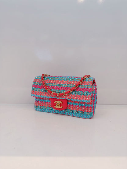 CHANEL RED FUCHSIA BLUE COTTON MIXED FIBERS WOVEN CLASSIC MINI RECTANGULAR FLAP