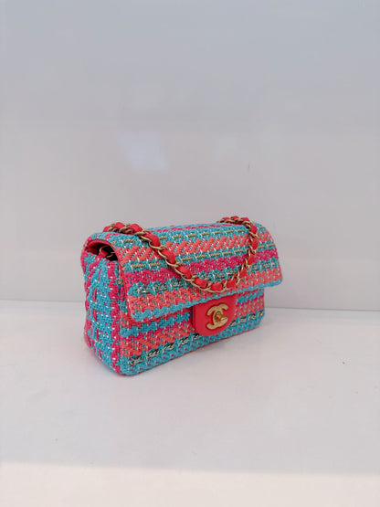 CHANEL RED FUCHSIA BLUE COTTON MIXED FIBERS WOVEN CLASSIC MINI RECTANGULAR FLAP