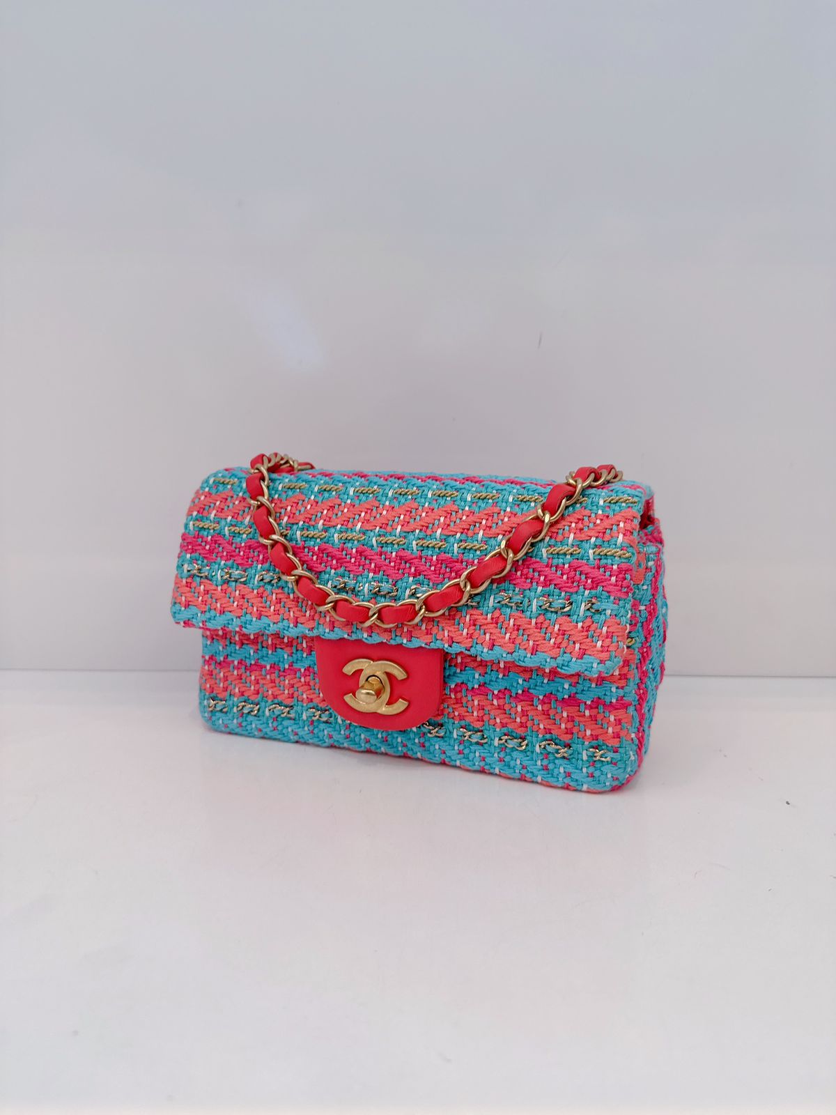 CHANEL RED FUCHSIA BLUE COTTON MIXED FIBERS WOVEN CLASSIC MINI RECTANGULAR FLAP
