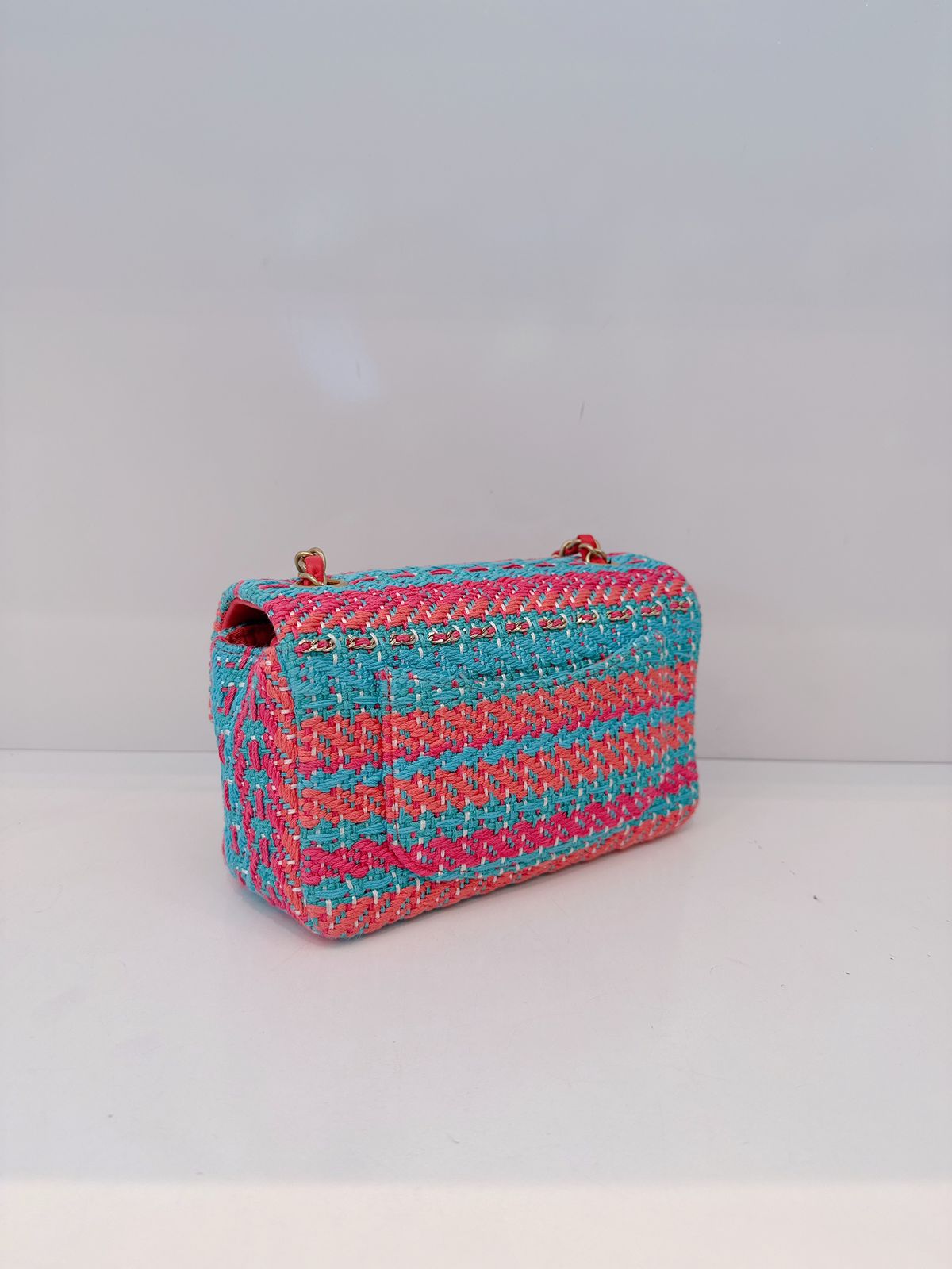 CHANEL RED FUCHSIA BLUE COTTON MIXED FIBERS WOVEN CLASSIC MINI RECTANGULAR FLAP