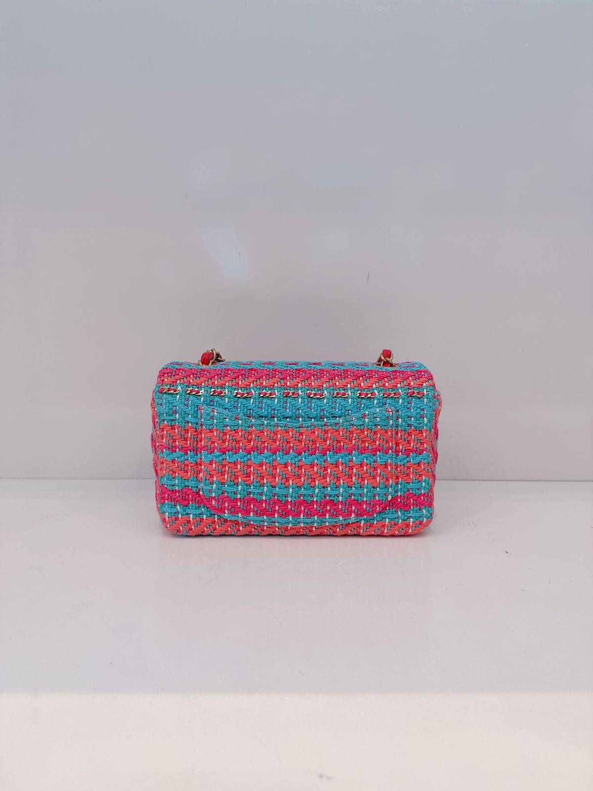 CHANEL RED FUCHSIA BLUE COTTON MIXED FIBERS WOVEN CLASSIC MINI RECTANGULAR FLAP