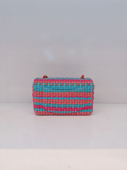 CHANEL RED FUCHSIA BLUE COTTON MIXED FIBERS WOVEN CLASSIC MINI RECTANGULAR FLAP