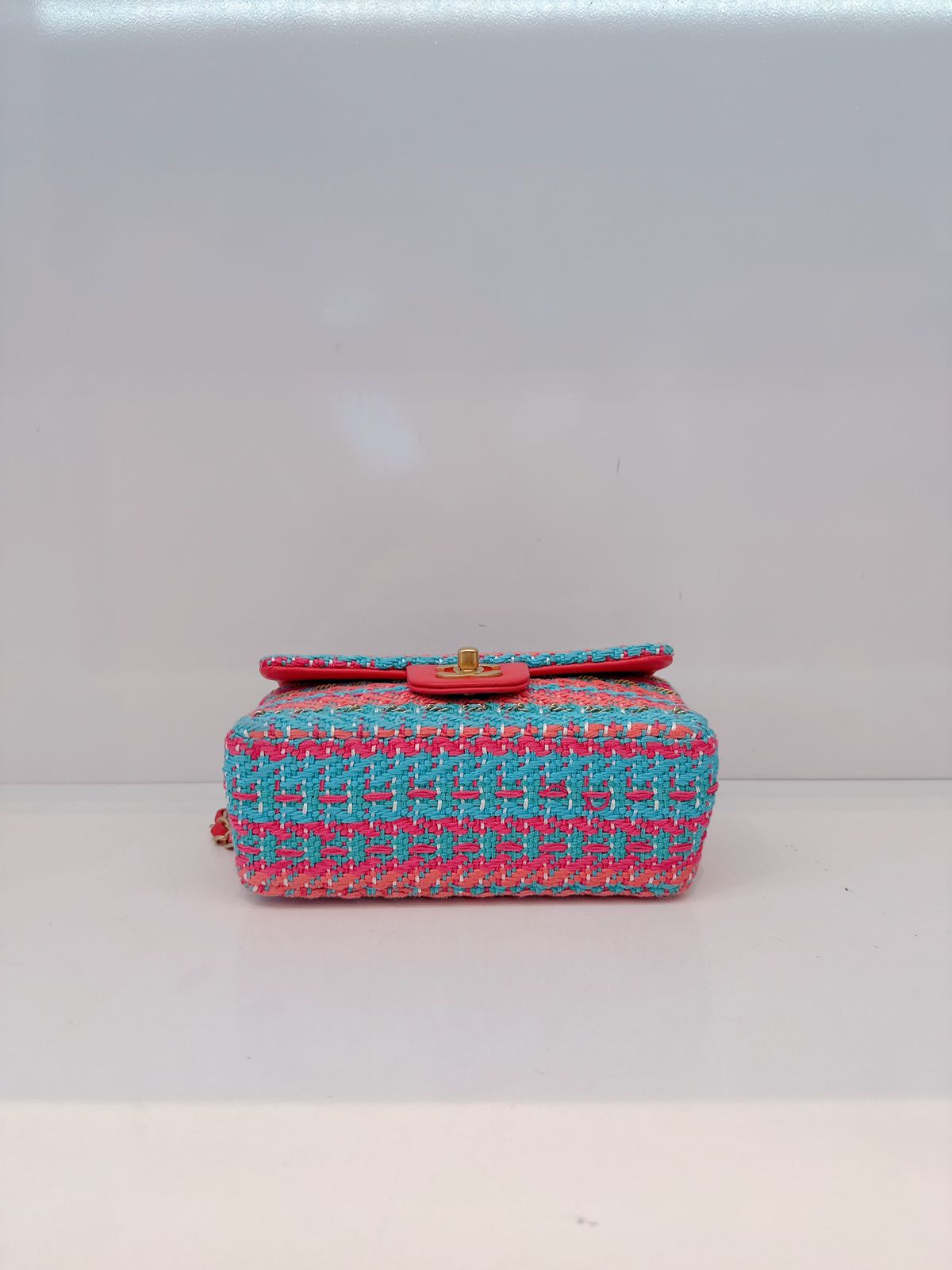 CHANEL RED FUCHSIA BLUE COTTON MIXED FIBERS WOVEN CLASSIC MINI RECTANGULAR FLAP