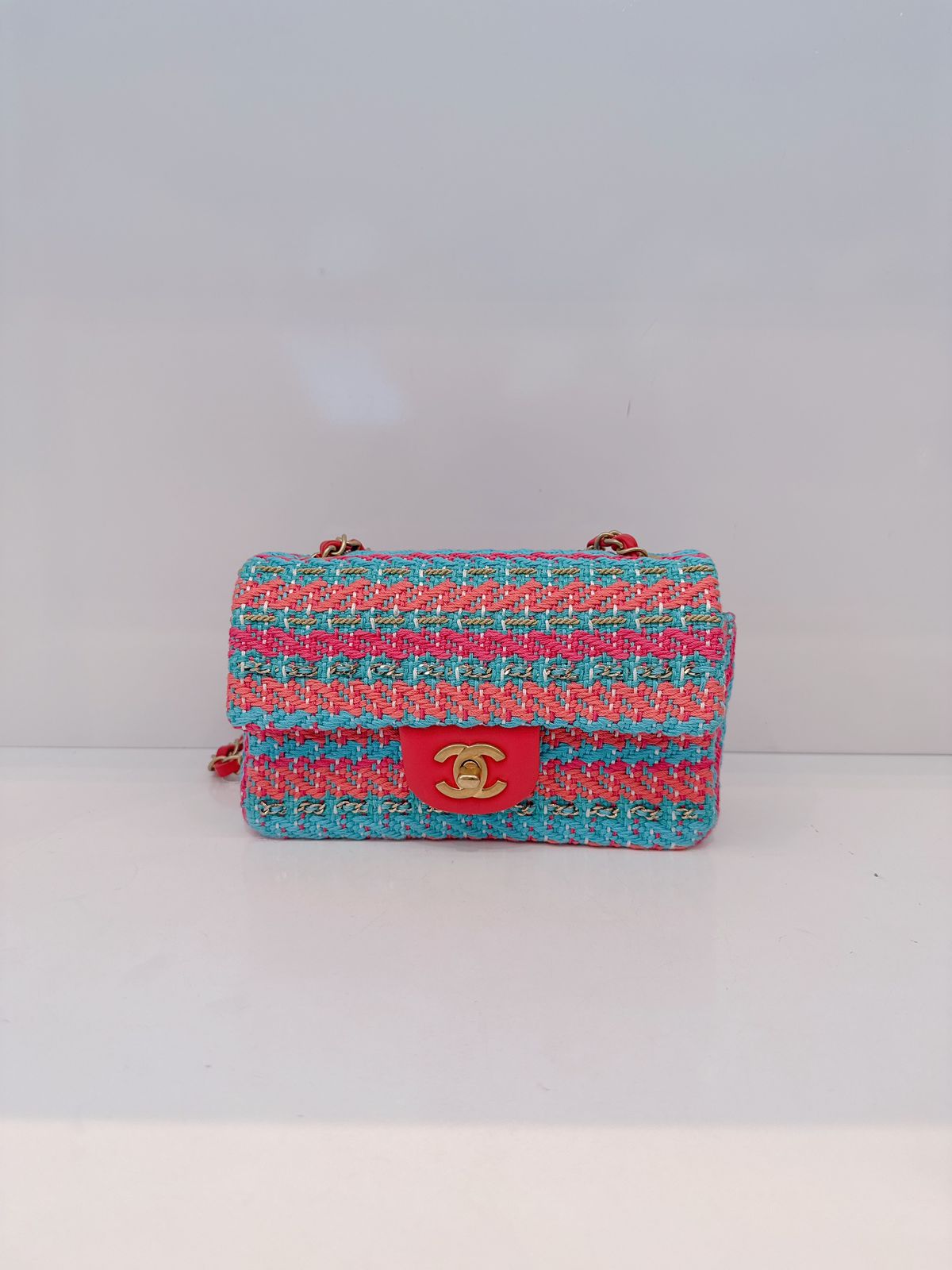 CHANEL RED FUCHSIA BLUE COTTON MIXED FIBERS WOVEN CLASSIC MINI RECTANGULAR FLAP