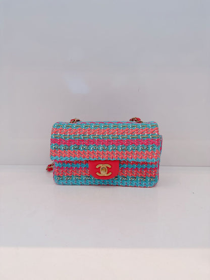 CHANEL RED FUCHSIA BLUE COTTON MIXED FIBERS WOVEN CLASSIC MINI RECTANGULAR FLAP
