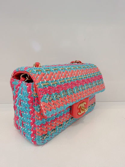 CHANEL RED FUCHSIA BLUE COTTON MIXED FIBERS WOVEN CLASSIC MINI RECTANGULAR FLAP