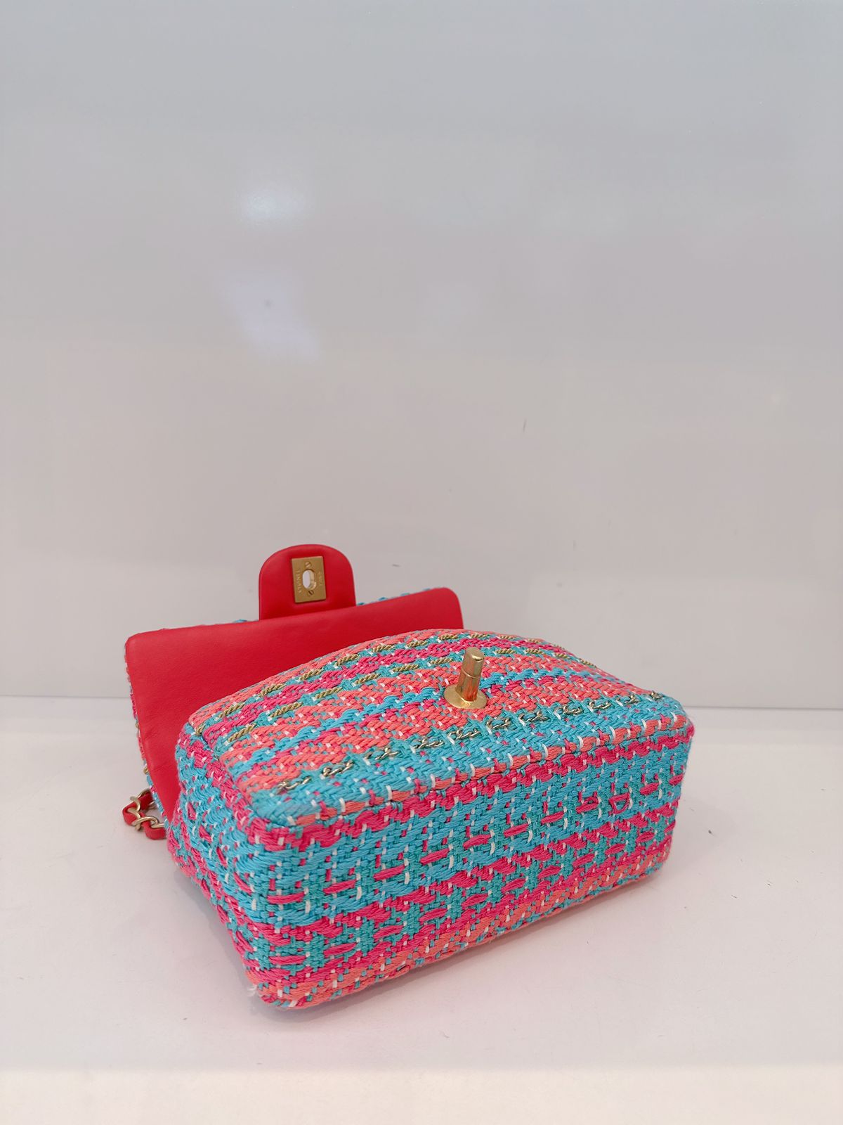 CHANEL RED FUCHSIA BLUE COTTON MIXED FIBERS WOVEN CLASSIC MINI RECTANGULAR FLAP