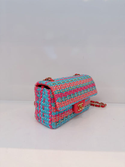 CHANEL RED FUCHSIA BLUE COTTON MIXED FIBERS WOVEN CLASSIC MINI RECTANGULAR FLAP