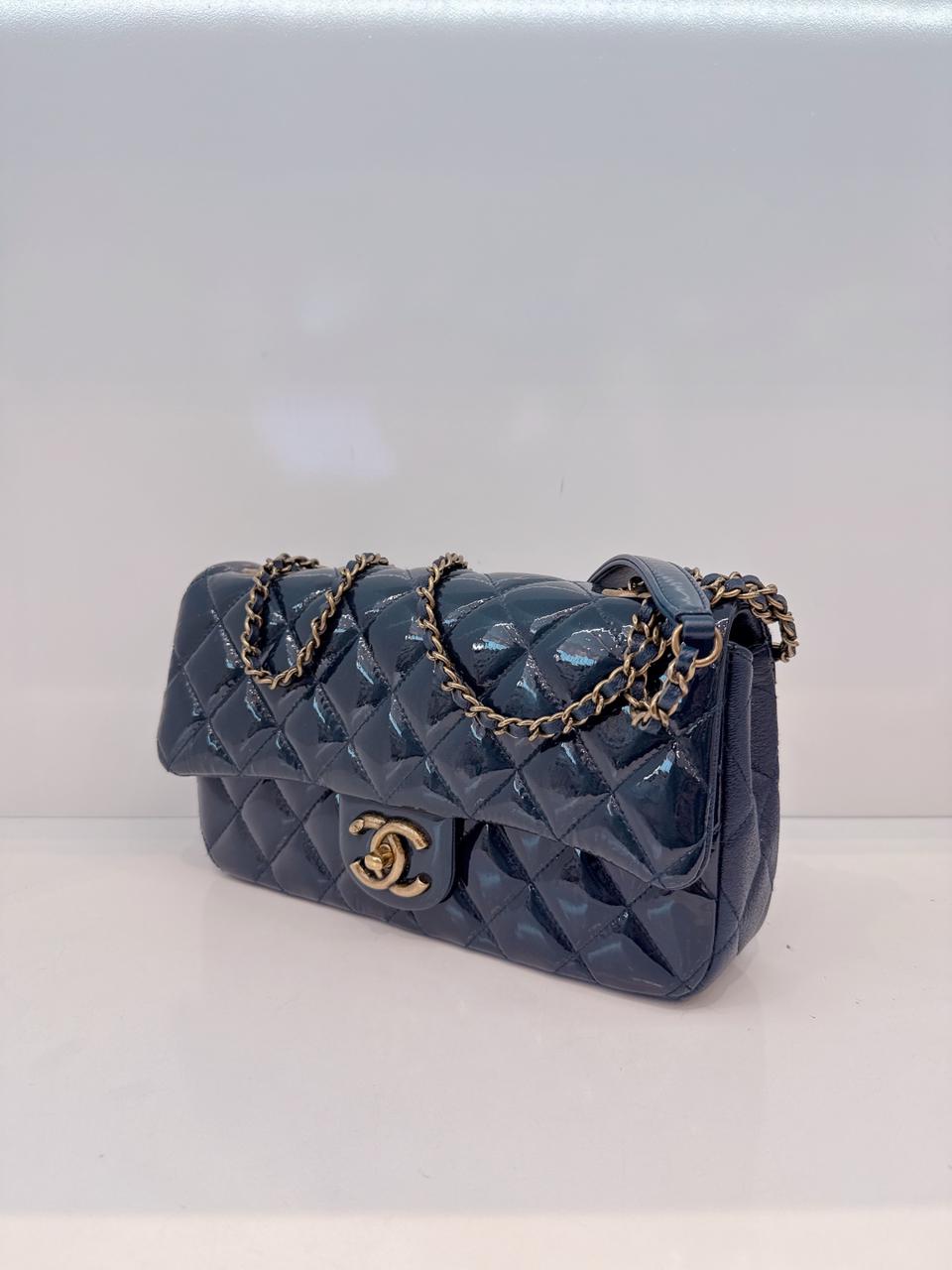 CHANEL BLUE PATENT GOATSKIN QUILTED SMALL CC EYELET FLAP BAG
