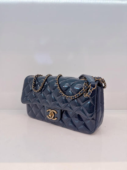 CHANEL BLUE PATENT GOATSKIN QUILTED SMALL CC EYELET FLAP BAG