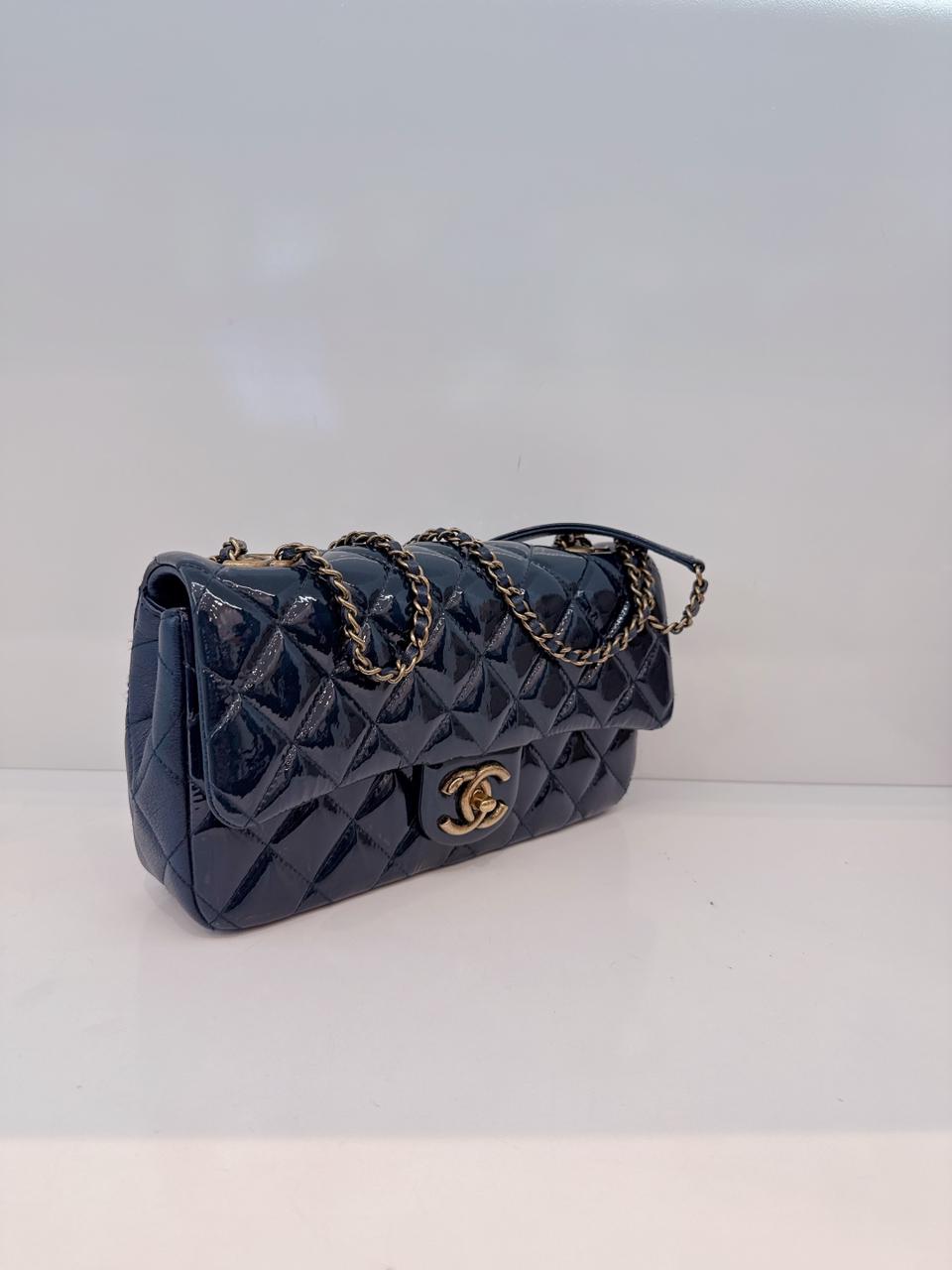 CHANEL BLUE PATENT GOATSKIN QUILTED SMALL CC EYELET FLAP BAG