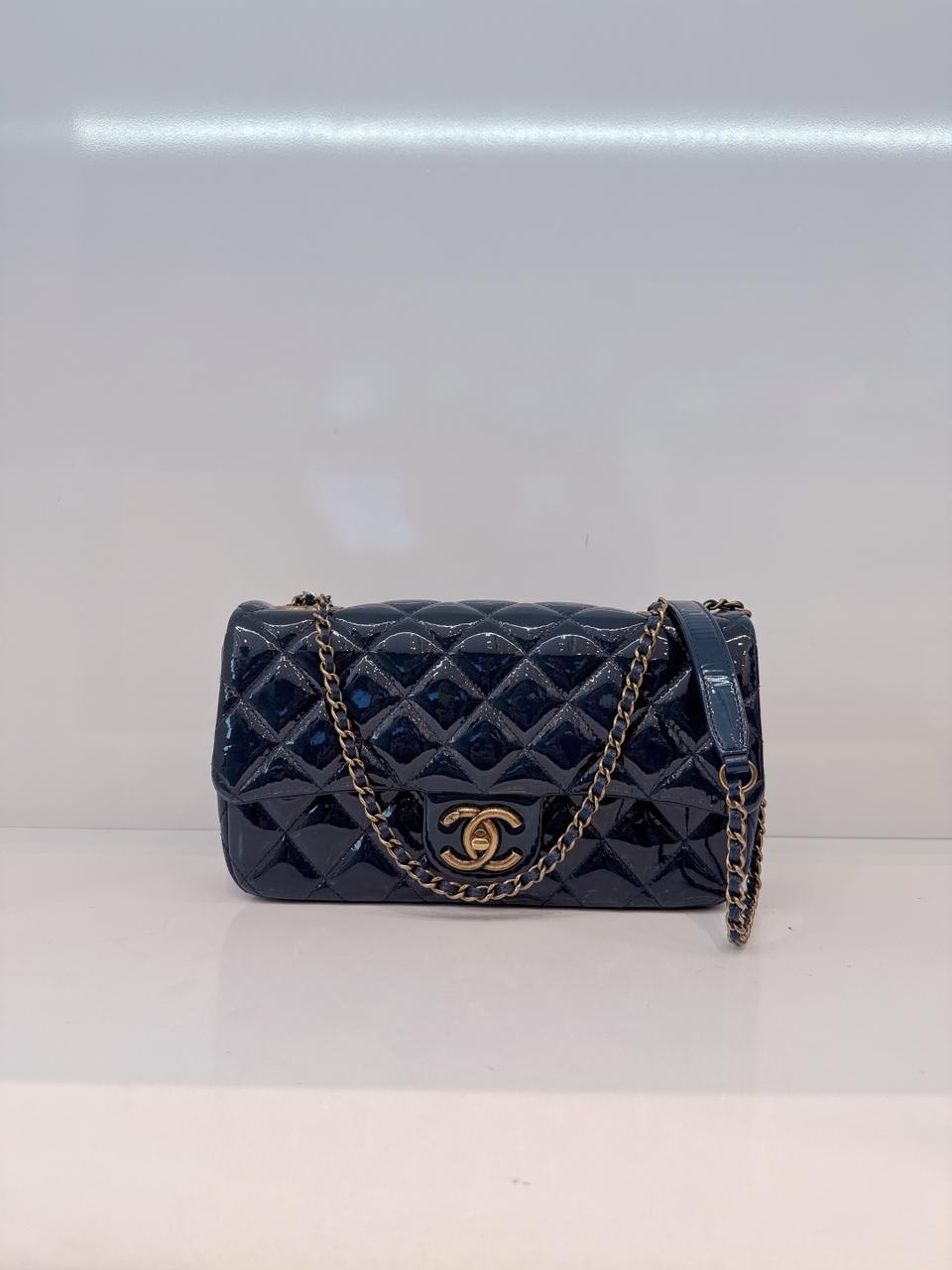 CHANEL BLUE PATENT GOATSKIN QUILTED SMALL CC EYELET FLAP BAG