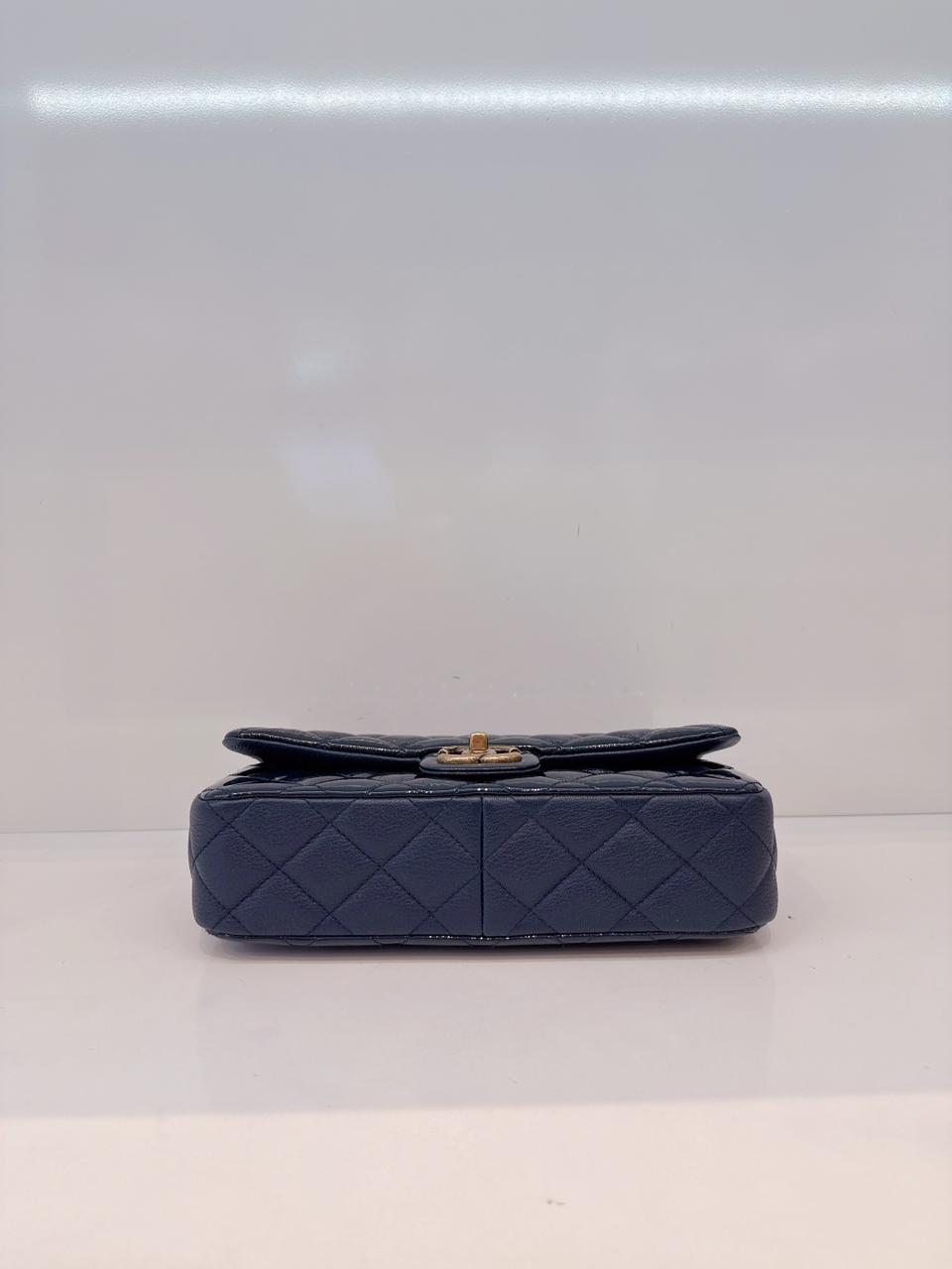 CHANEL BLUE PATENT GOATSKIN QUILTED SMALL CC EYELET FLAP BAG