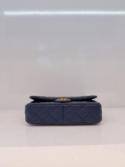 CHANEL BLUE PATENT GOATSKIN QUILTED SMALL CC EYELET FLAP BAG