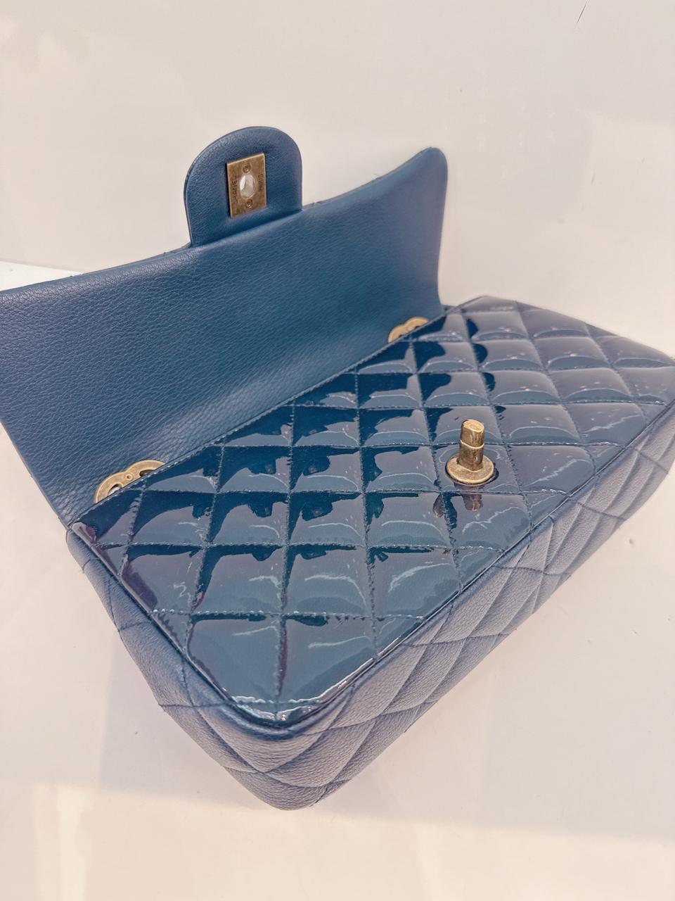 CHANEL BLUE PATENT GOATSKIN QUILTED SMALL CC EYELET FLAP BAG