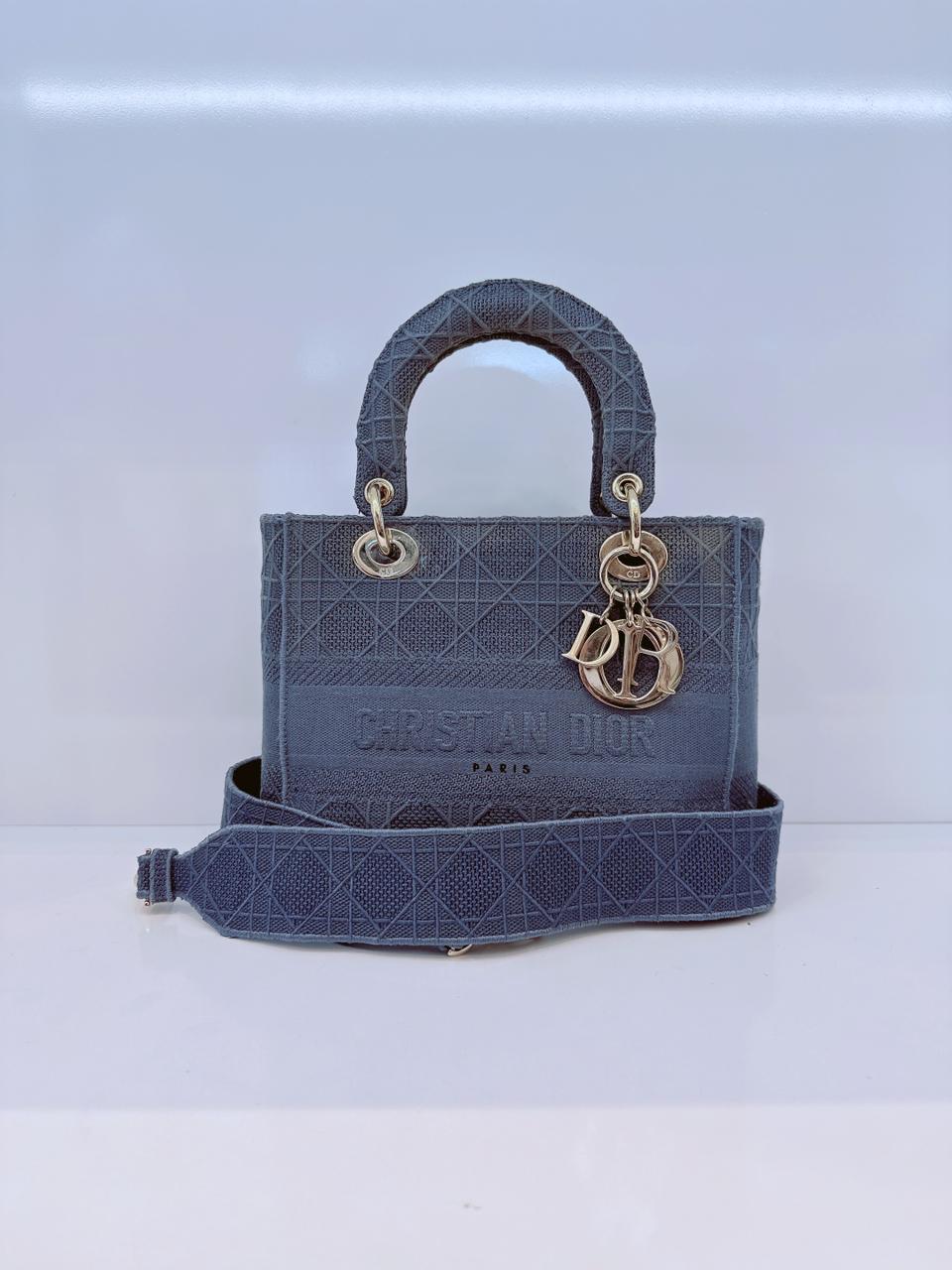 DIOR BLUE CANNAGE EMBROIDERED CANVAS MEDIUM LADY D-LITE CANVAS TOTE