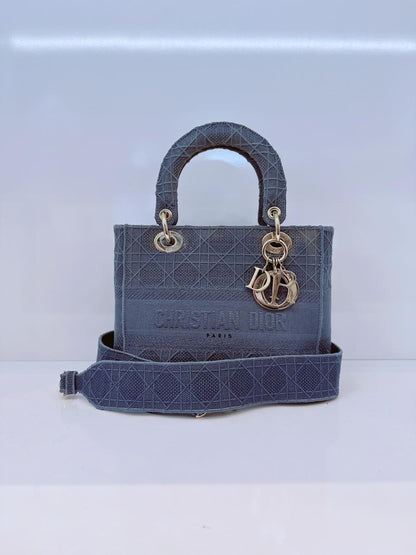 DIOR BLUE CANNAGE EMBROIDERED CANVAS MEDIUM LADY D-LITE CANVAS TOTE