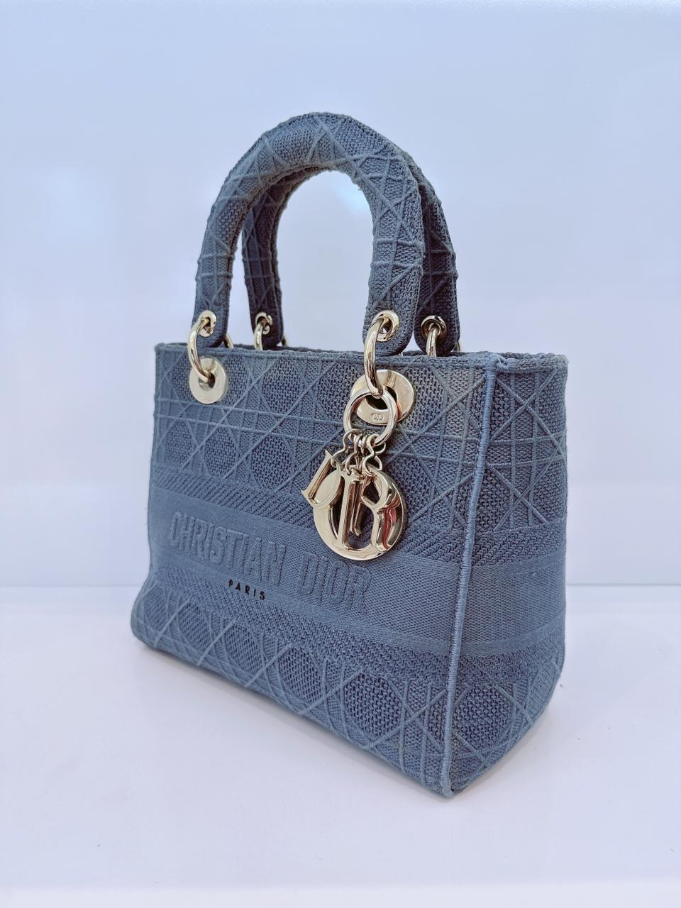 DIOR BLUE CANNAGE EMBROIDERED CANVAS MEDIUM LADY D-LITE CANVAS TOTE