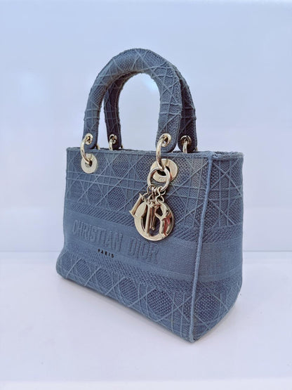 DIOR BLUE CANNAGE EMBROIDERED CANVAS MEDIUM LADY D-LITE CANVAS TOTE