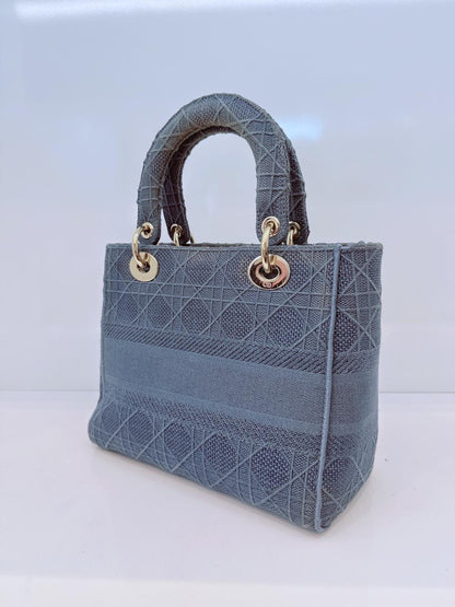 DIOR BLUE CANNAGE EMBROIDERED CANVAS MEDIUM LADY D-LITE CANVAS TOTE