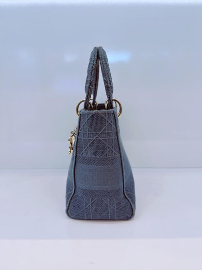 DIOR BLUE CANNAGE EMBROIDERED CANVAS MEDIUM LADY D-LITE CANVAS TOTE