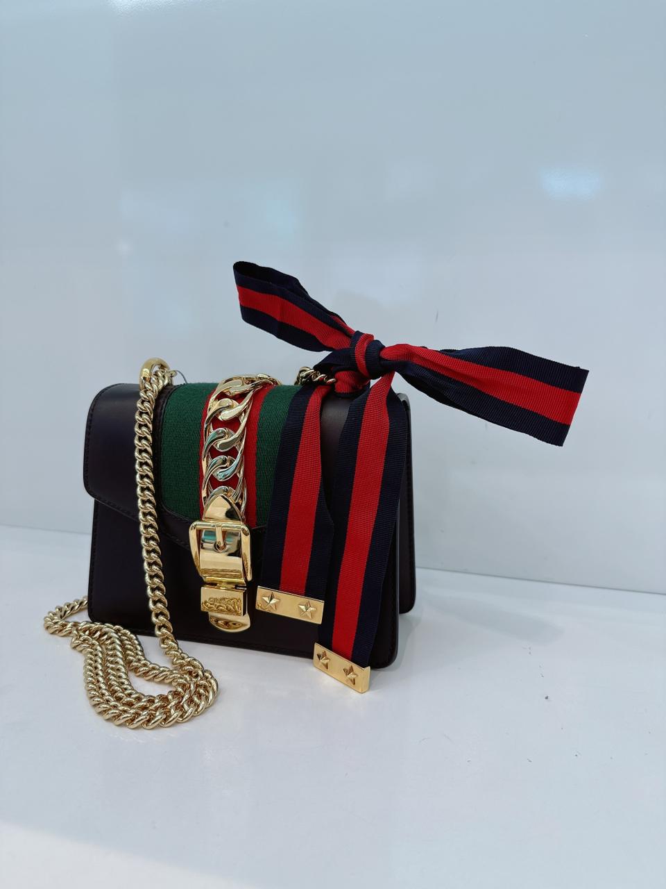 BLACK LEATHER MINI WEB CHAIN SYLVIE CROSSBODY BAG