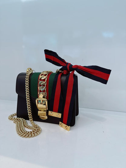 BLACK LEATHER MINI WEB CHAIN SYLVIE CROSSBODY BAG