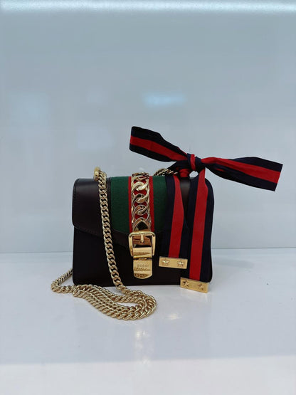 BLACK LEATHER MINI WEB CHAIN SYLVIE CROSSBODY BAG