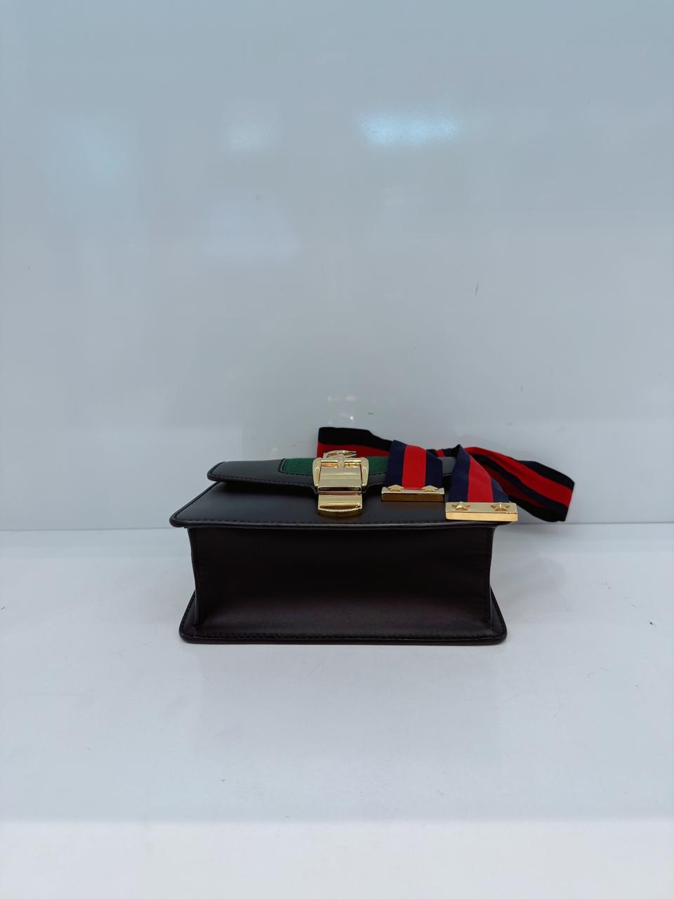 BLACK LEATHER MINI WEB CHAIN SYLVIE CROSSBODY BAG