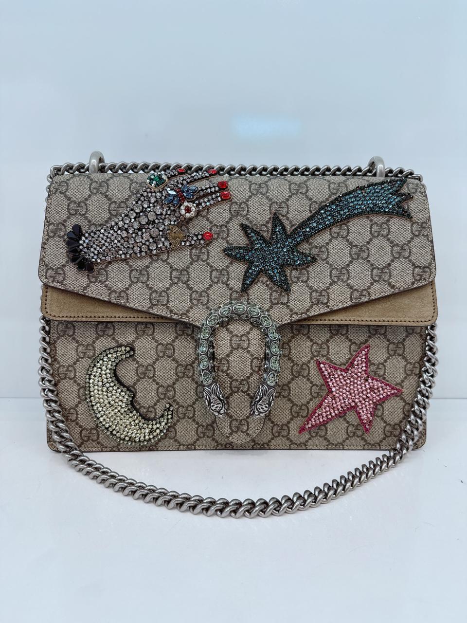 BEIGE BROWN GG SUPREME CANVAS AND SUEDE MEDIUM DIONYSUS EMBELLISHED SHOULDER BAG