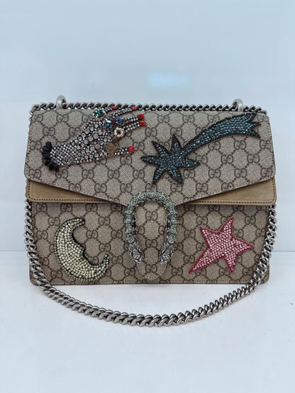 BEIGE BROWN GG SUPREME CANVAS AND SUEDE MEDIUM DIONYSUS EMBELLISHED SHOULDER BAG