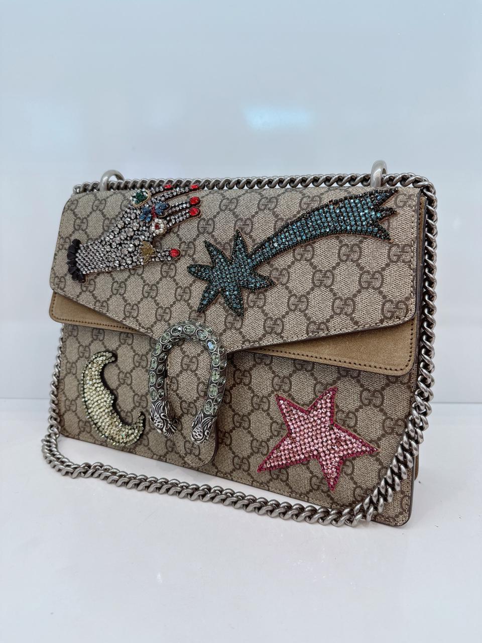 BEIGE BROWN GG SUPREME CANVAS AND SUEDE MEDIUM DIONYSUS EMBELLISHED SHOULDER BAG