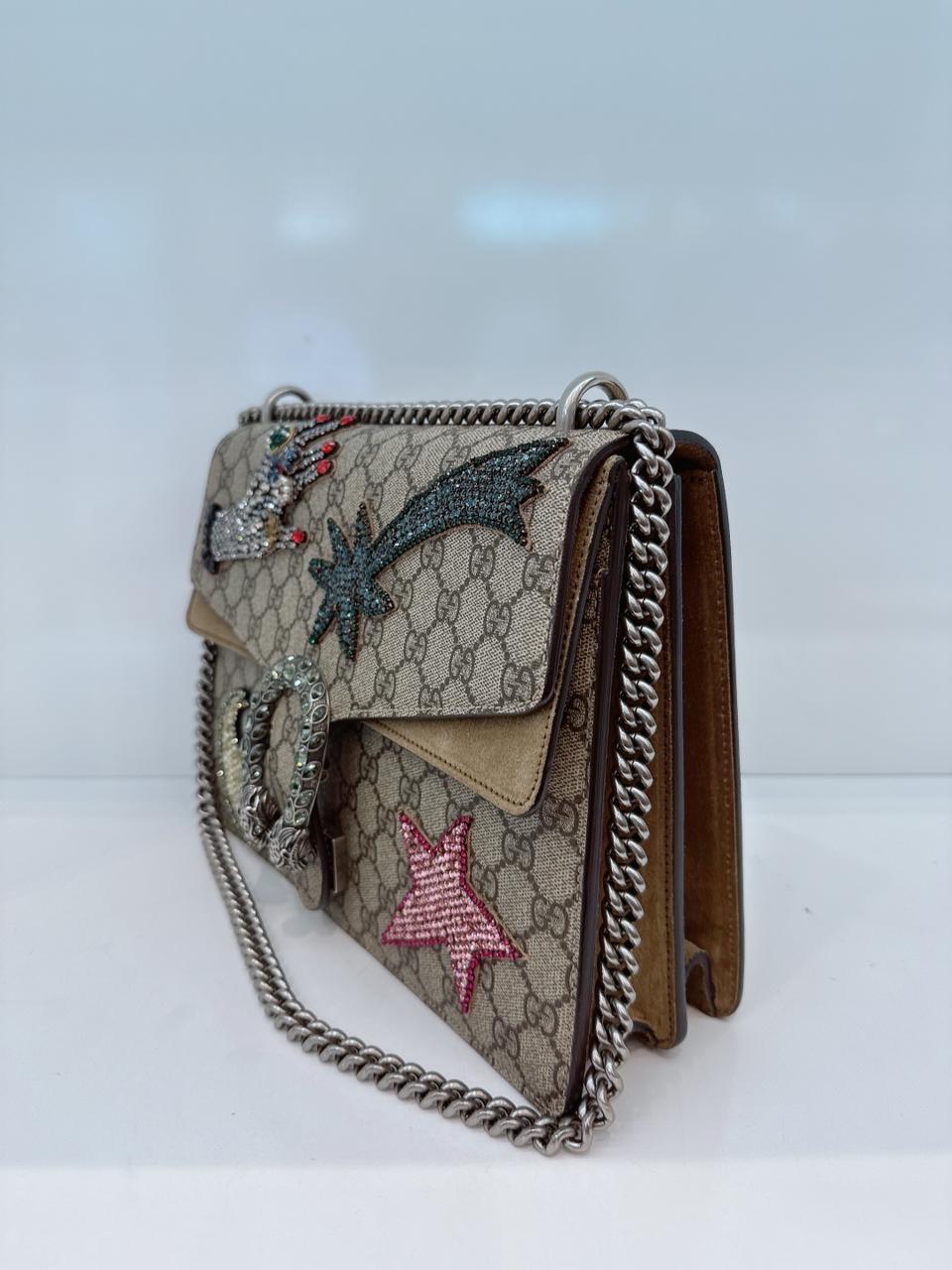 BEIGE BROWN GG SUPREME CANVAS AND SUEDE MEDIUM DIONYSUS EMBELLISHED SHOULDER BAG