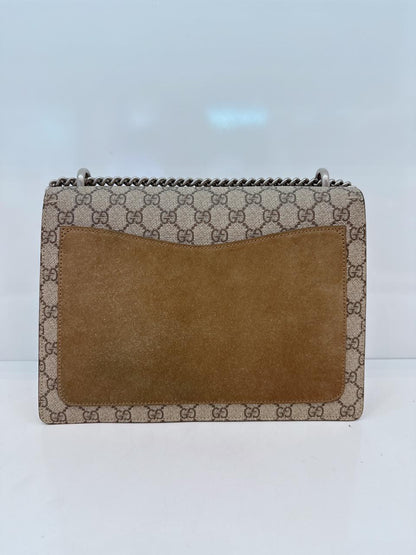 BEIGE BROWN GG SUPREME CANVAS AND SUEDE MEDIUM DIONYSUS EMBELLISHED SHOULDER BAG