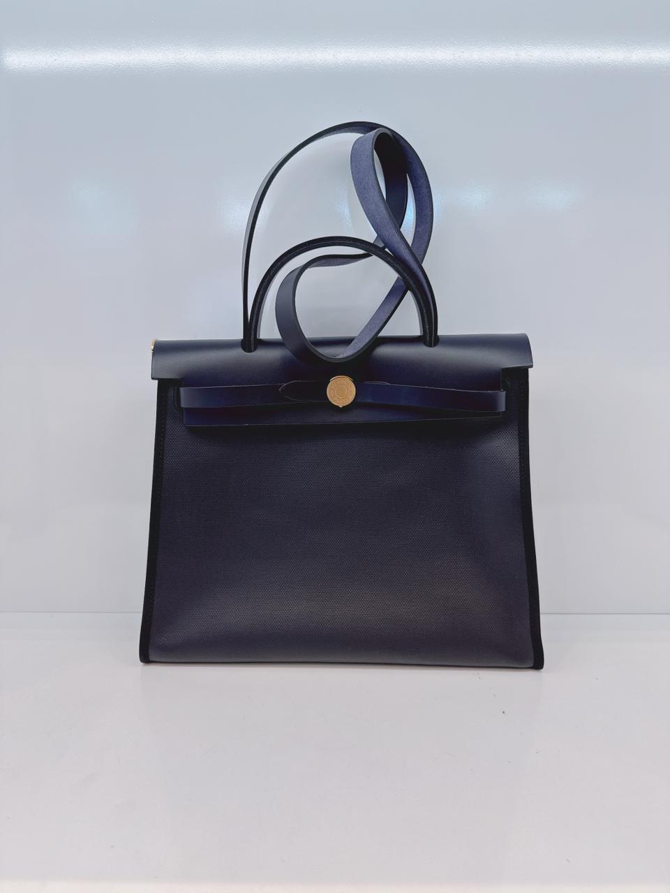 BLACK BLEU INDIGO CANVAS & LEATHER HERBAG ZIP 31 GOLD HARDWARE