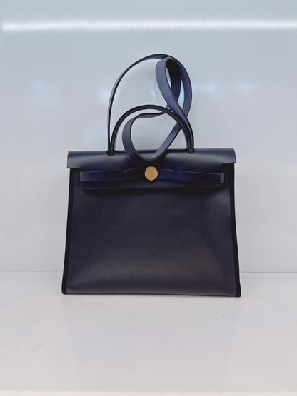 BLACK BLEU INDIGO CANVAS & LEATHER HERBAG ZIP 31 GOLD HARDWARE