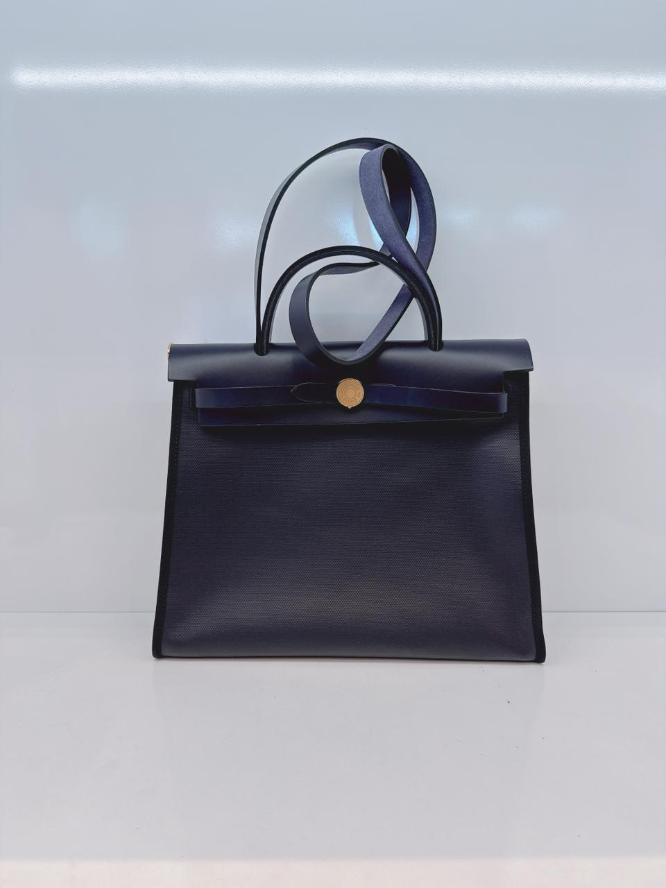 BLACK BLEU INDIGO CANVAS & LEATHER HERBAG ZIP 31 GOLD HARDWARE