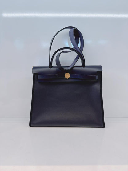 BLACK BLEU INDIGO CANVAS & LEATHER HERBAG ZIP 31 GOLD HARDWARE