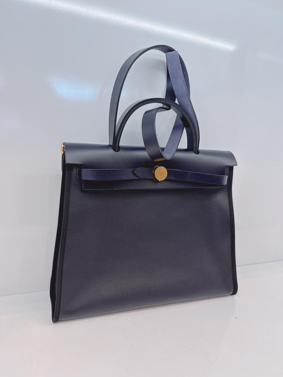 BLACK BLEU INDIGO CANVAS & LEATHER HERBAG ZIP 31 GOLD HARDWARE