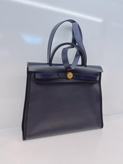 BLACK BLEU INDIGO CANVAS & LEATHER HERBAG ZIP 31 GOLD HARDWARE