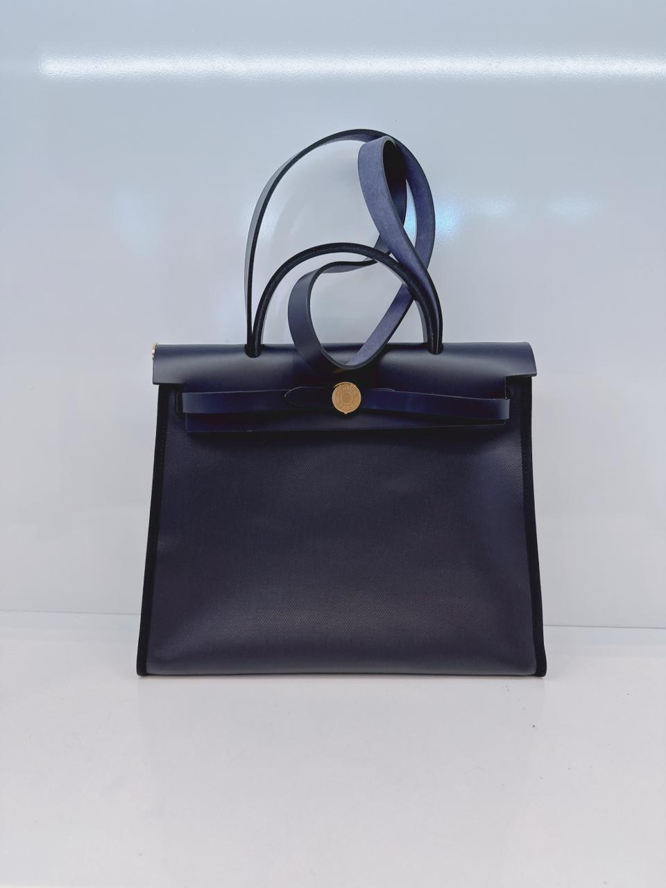 BLACK BLEU INDIGO CANVAS & LEATHER HERBAG ZIP 31 GOLD HARDWARE