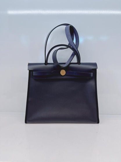 BLACK BLEU INDIGO CANVAS & LEATHER HERBAG ZIP 31 GOLD HARDWARE
