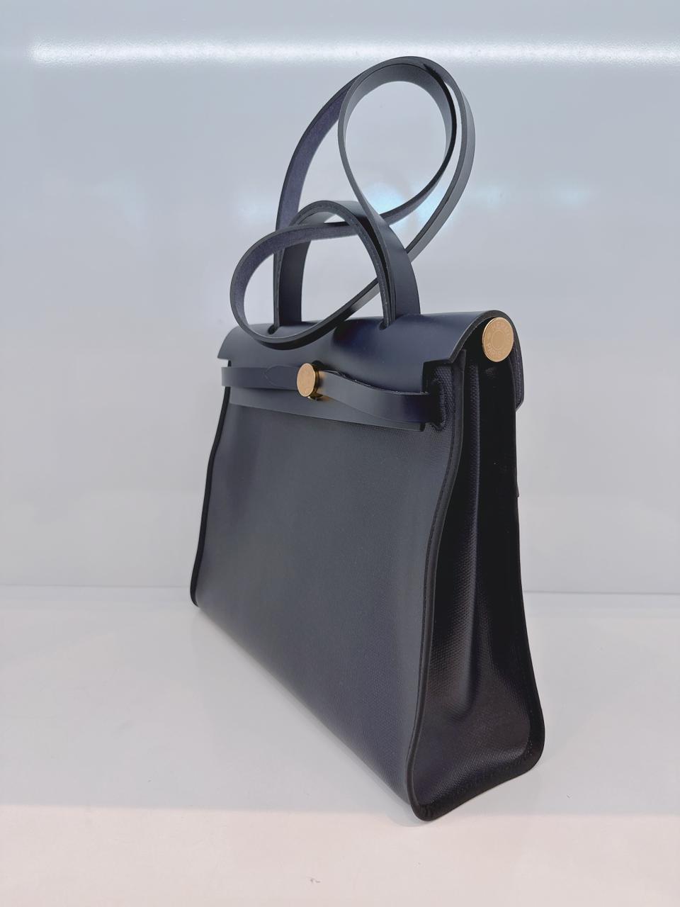 BLACK BLEU INDIGO CANVAS & LEATHER HERBAG ZIP 31 GOLD HARDWARE