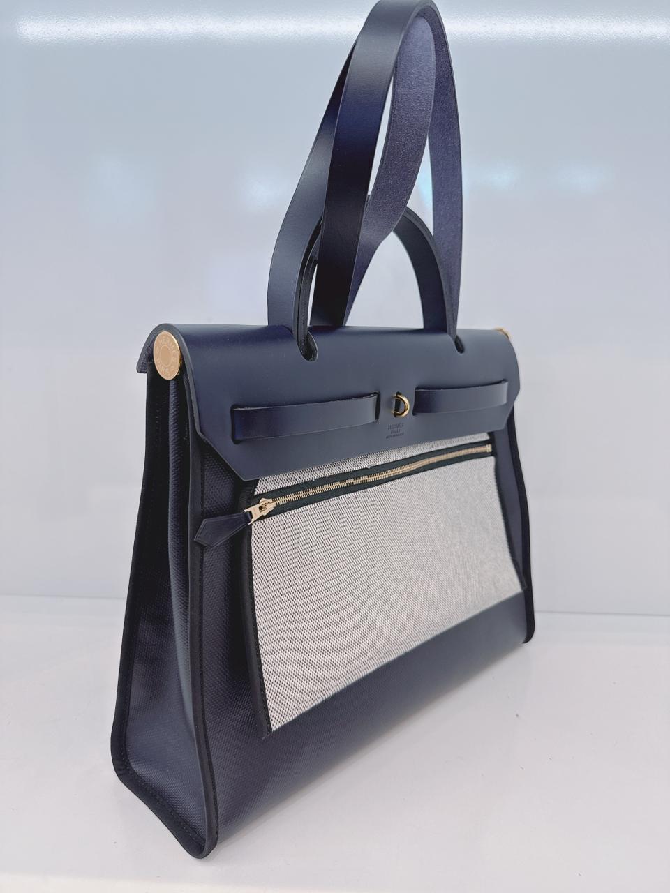 BLACK BLEU INDIGO CANVAS & LEATHER HERBAG ZIP 31 GOLD HARDWARE