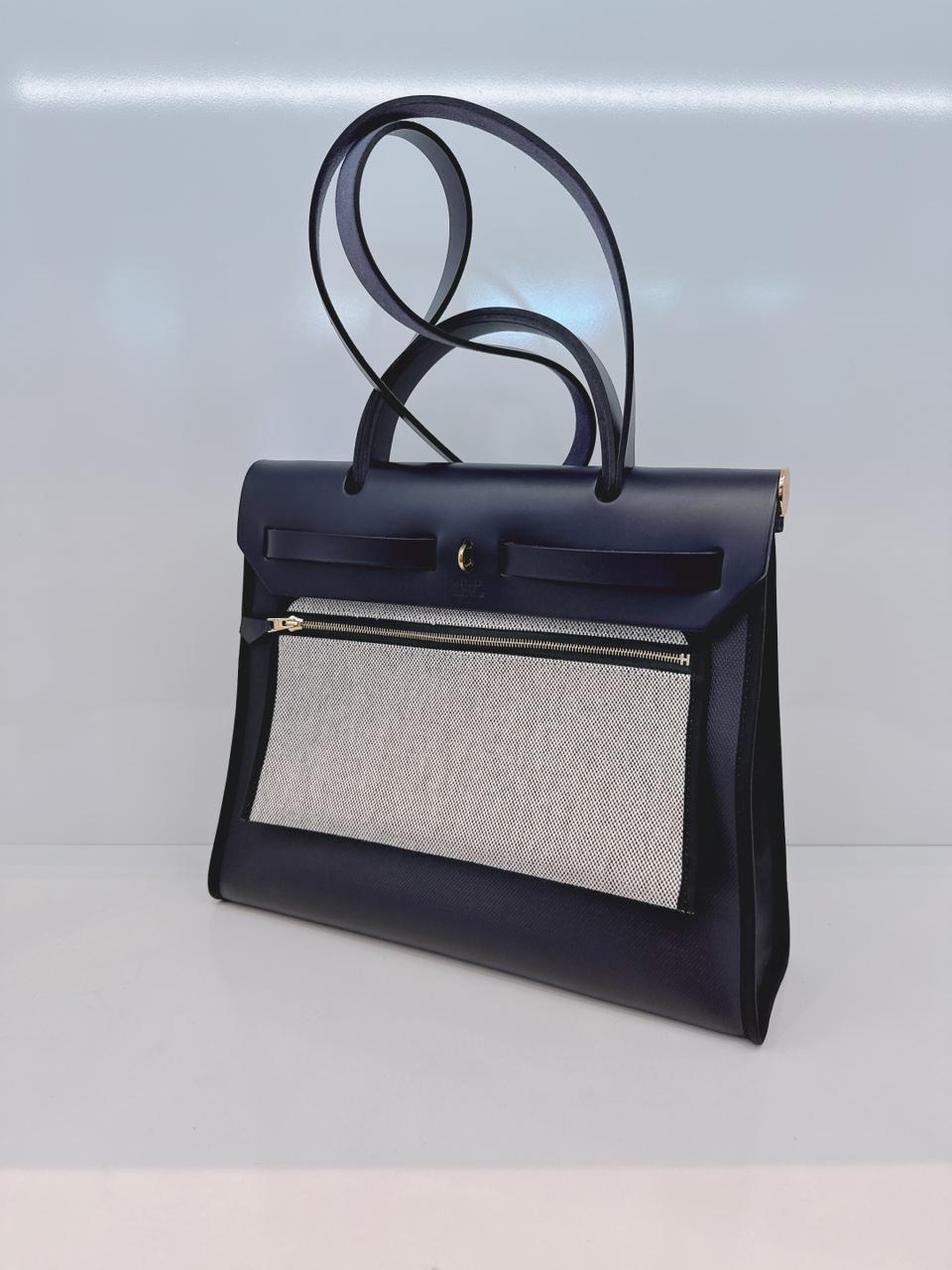 BLACK BLEU INDIGO CANVAS & LEATHER HERBAG ZIP 31 GOLD HARDWARE