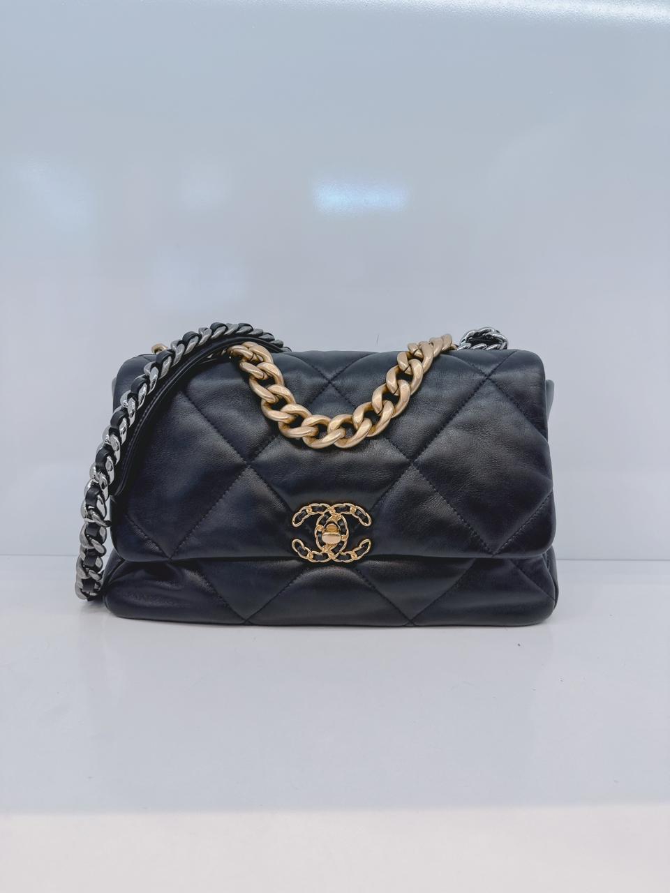 BLACK SHINY LAMBSKIN QUILTED CHANEL 19 LARGE FLAP  BAG