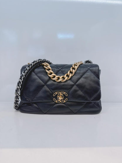 BLACK SHINY LAMBSKIN QUILTED CHANEL 19 LARGE FLAP  BAG