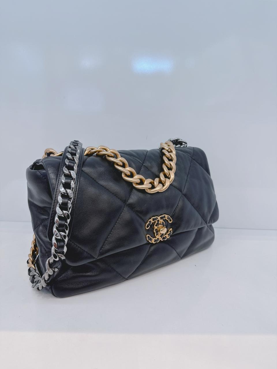 BLACK SHINY LAMBSKIN QUILTED CHANEL 19 LARGE FLAP  BAG